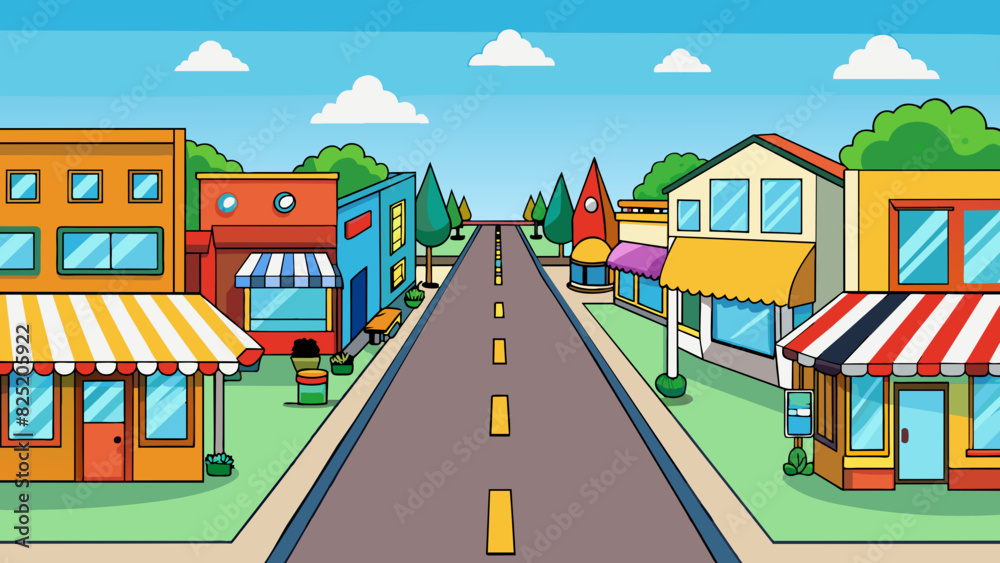 Aufkleber A vibrant street lined with small businesses each with their unique storefronts and welcoming signs drawing in residents to support their local. Cartoon Vector.
