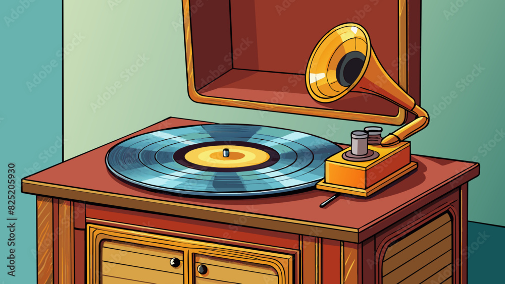 Sticker a vintage record player with its sleek wooden exterior and intricate brass details sits proudly on a