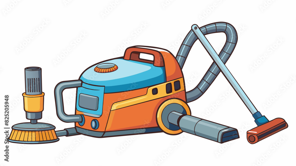 Poster A versatile tool made of metal and plastic featuring multiple attachments for different household tasks. It can switch from a vacuum to a mop to a. Cartoon Vector.