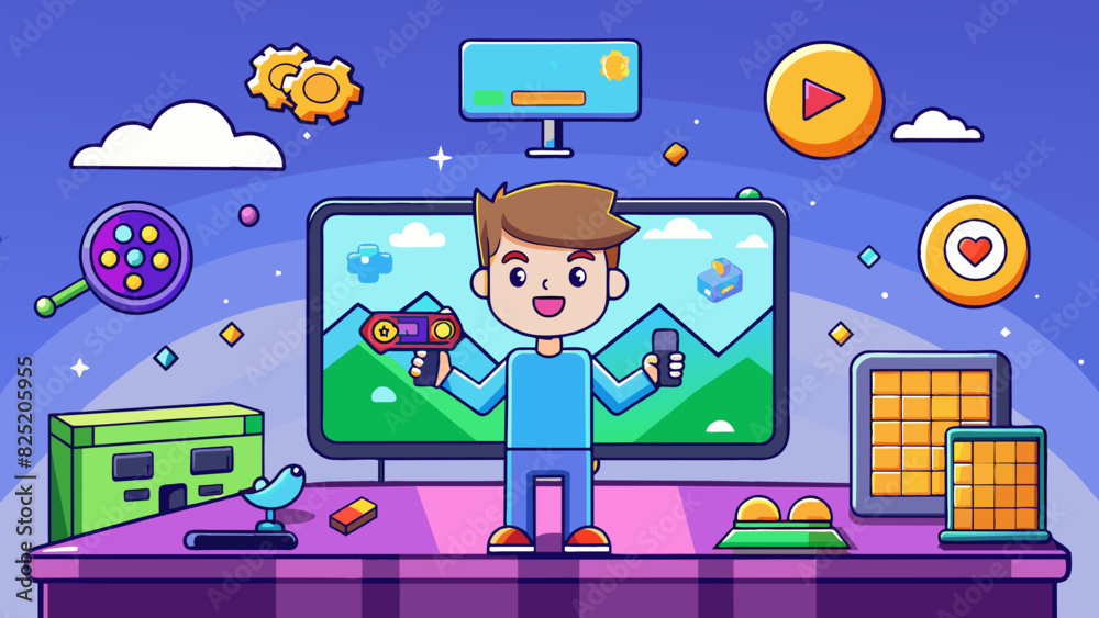 Fototapete A video game This software is an interactive form of entertainment that involves players controlling characters and completing tasks within a virtual. Cartoon Vector.