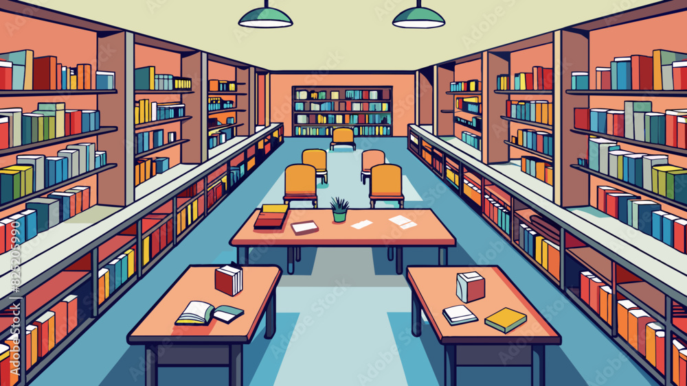 Poster A warm and cozy public library filled with rows of shelves filled with books of different genres and subjects representing the need for knowledge. Cartoon Vector.