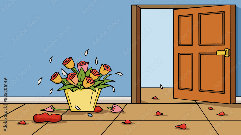 Poster A wilted bouquet of flowers with petals falling off and the stems drooping p on a doorstep in front of a closed door.. Cartoon Vector.