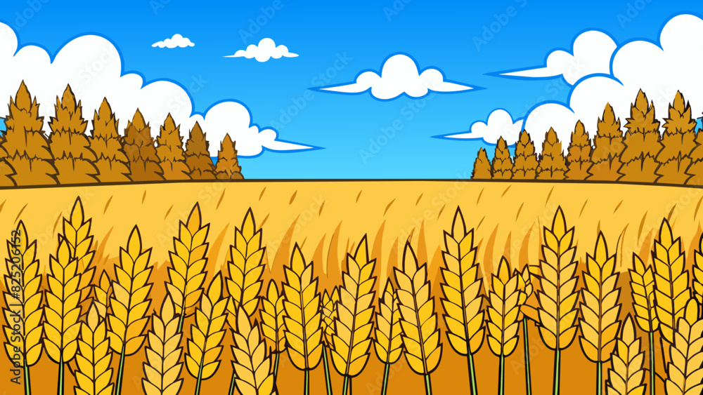 Aufkleber A wide open field filled with tall golden wheat a bright blue sky above and a few tered trees providing shade.. Cartoon Vector.