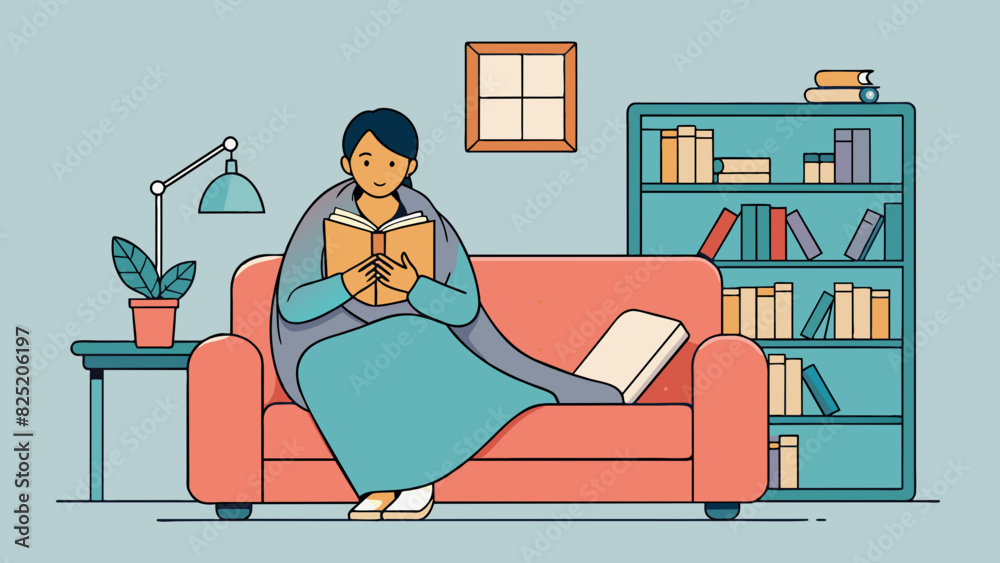 Poster a woman curled up on a cozy couch engrossed in a book with a soft blanket dd over her shoulders. she