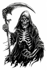 Grim Reaper Skeleton Holding Scythe Drawing
