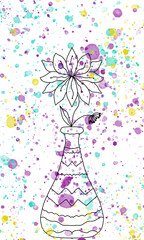 Beautiful card with abstract black flower in vase and colorful spots for holiday, birthday, invitation, floral pattern, nice background, frame, greetings card, congratulations, postcard 