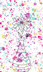 Beautiful card with abstract black flower in vase and colorful spots for holiday, birthday, invitation, floral pattern, nice background, frame, greetings card, congratulations, postcard 