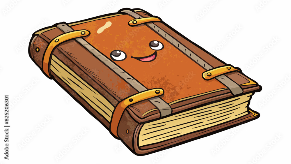 Poster a worn leatherbound book its pages filled with handwritten notes and illustrations. its spine is cre