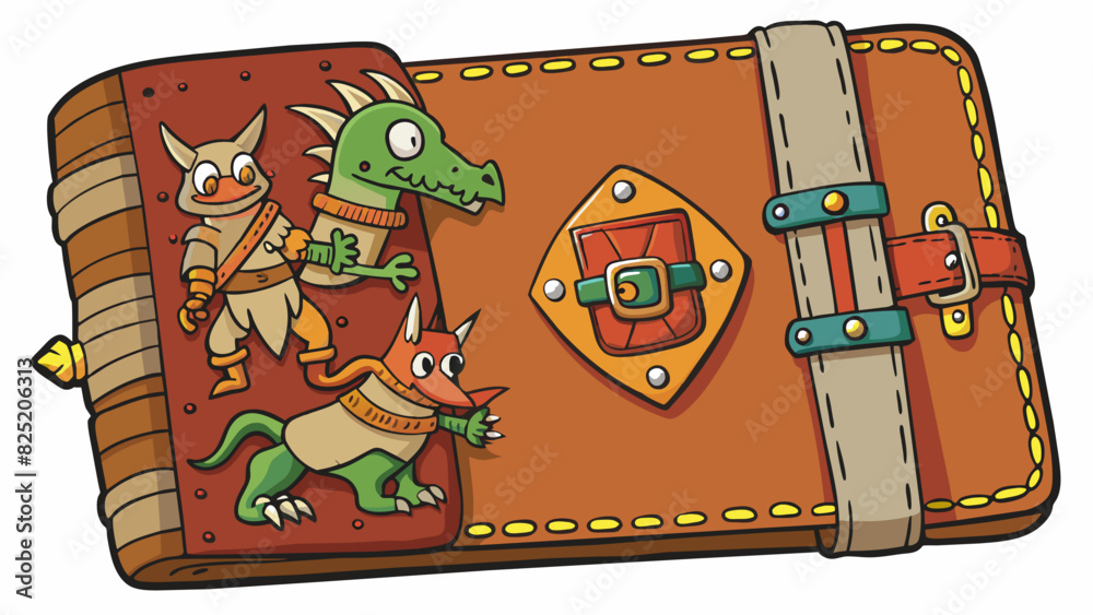 Poster a worn but sy leather cover with intricate stitching and embossed designs of dragons and knights in 