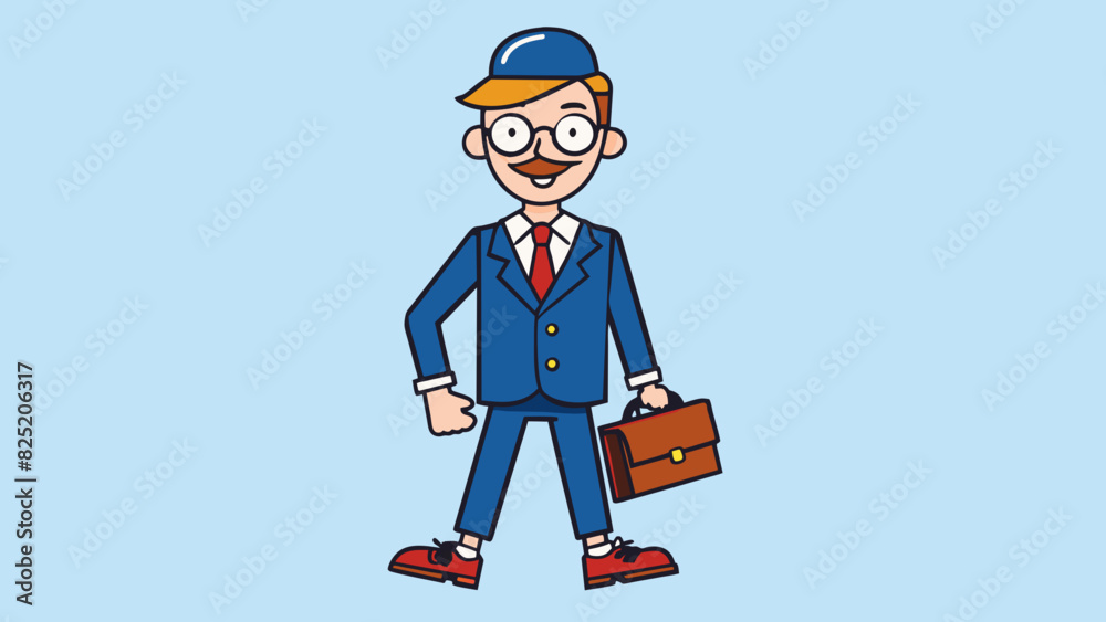 Poster a worker wearing a navy blue suit and carrying a briefcase. the suit is tailored and made of highqua