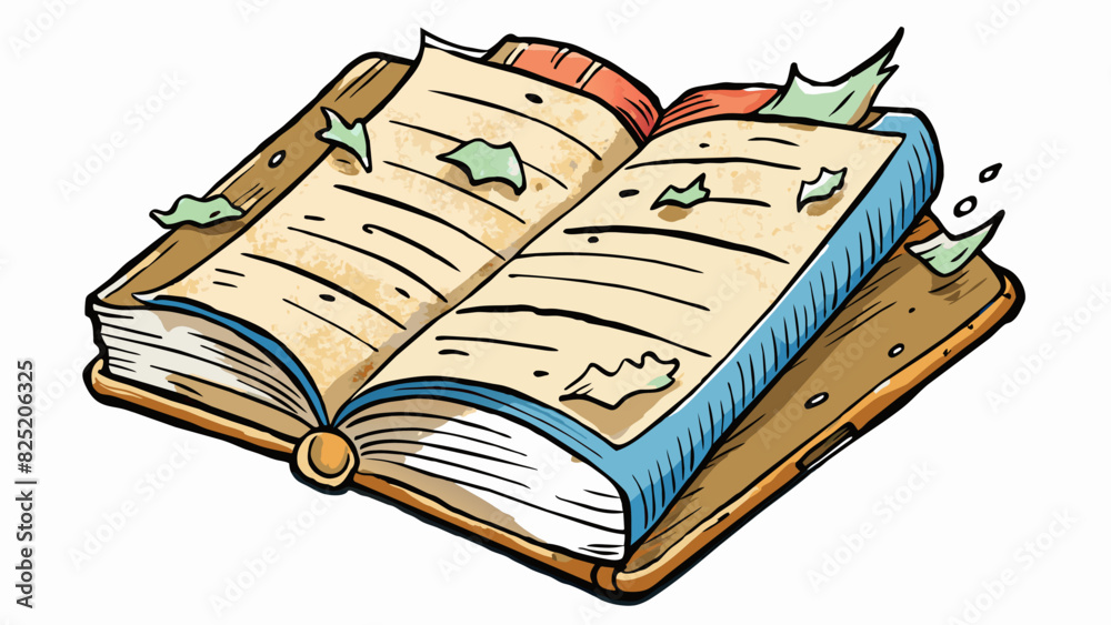 Aufkleber A worn and tattered book filled with handwritten notes and highlights symbolizing the belief in knowledge and continuous learning.. Cartoon Vector.
