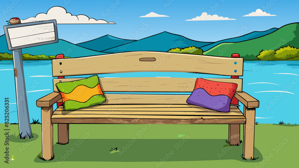 Poster A worn wooden bench with peeling paint and cracks in the seat is adorned with several colorful pillows and a sign that says Please Enjoy the View. Cartoon Vector.