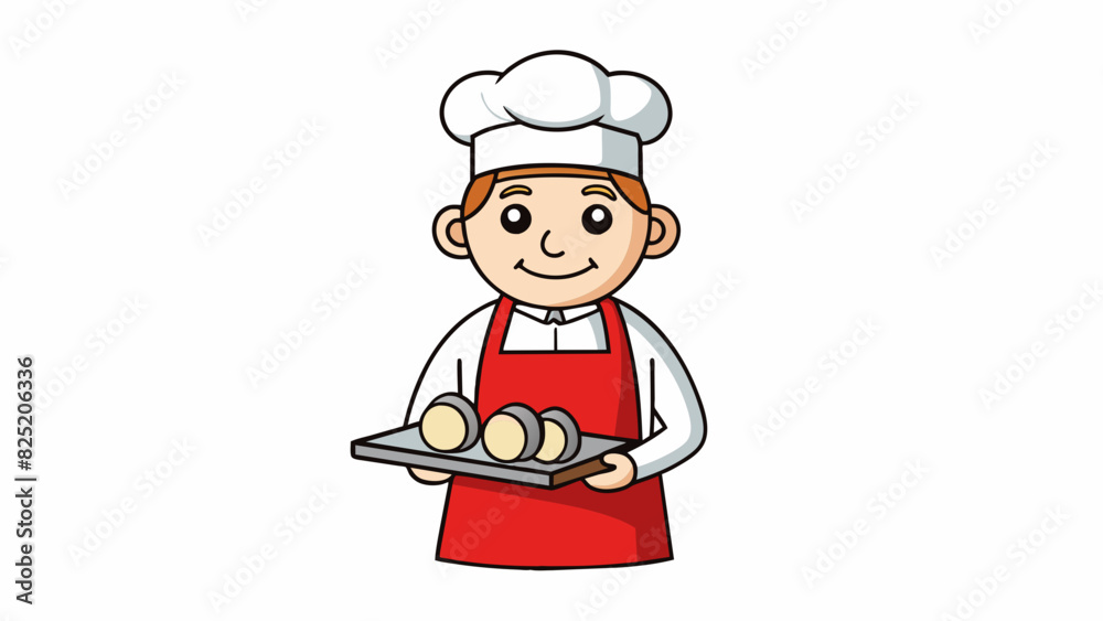 Wall mural a worker wearing a red apron and holding a tray of food. the apron is made of durable cotton and has