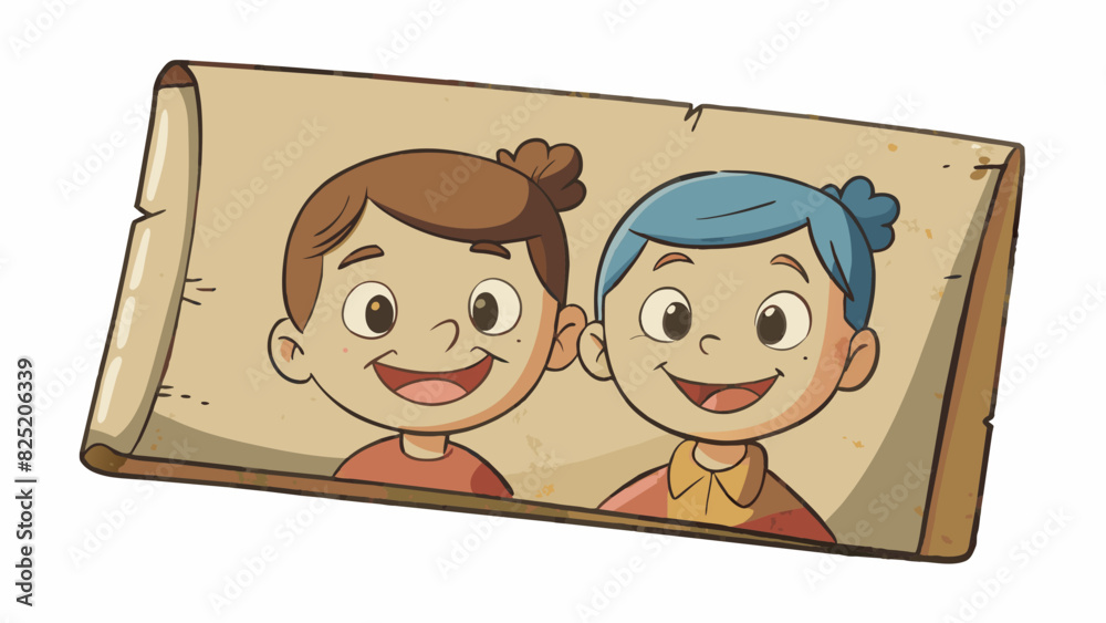 Poster A worn and faded photograph no bigger than a playing card. Its edges are curled inward and you can ly make out the smiling faces of two children in. Cartoon Vector.