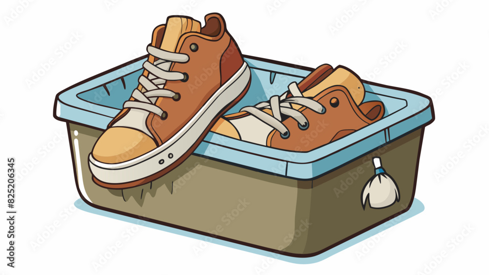 Poster a worn out pair of shoes with holes in the soles and frayed laces tossed in a donation bin.. cartoon