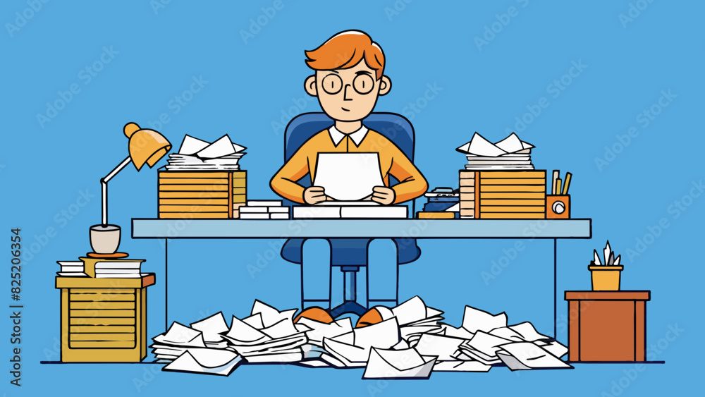 Poster a writer sits at their desk surrounded by piles of cled papers. despite the frustration and writers 