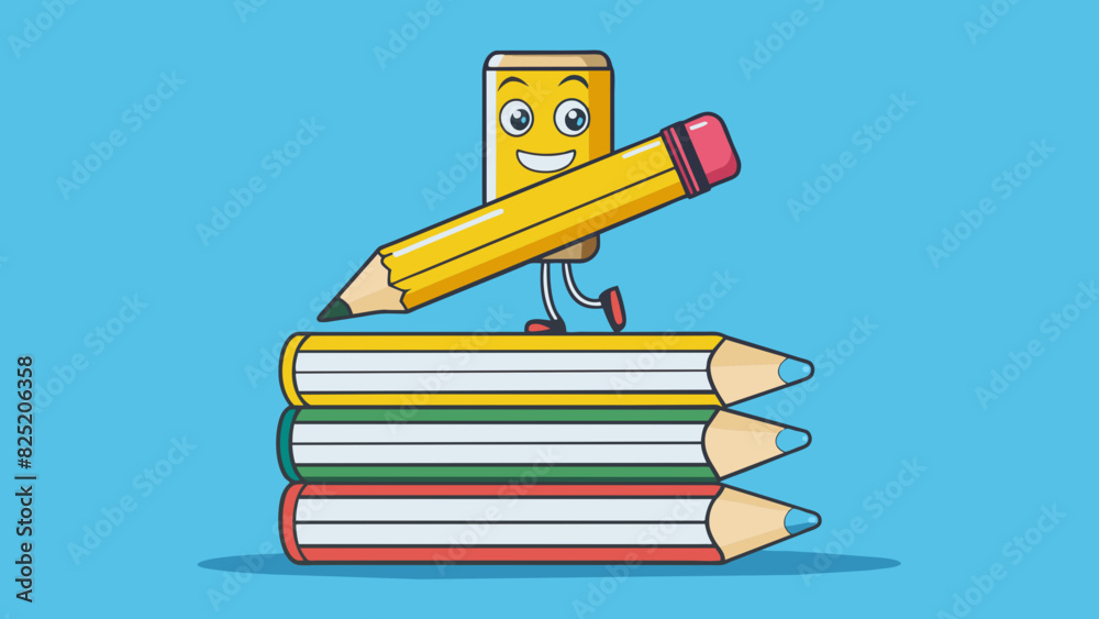 Poster A yellow pencil is balanced on the edge of a stack of books the eraser end ly touching the tabletop.. Cartoon Vector.