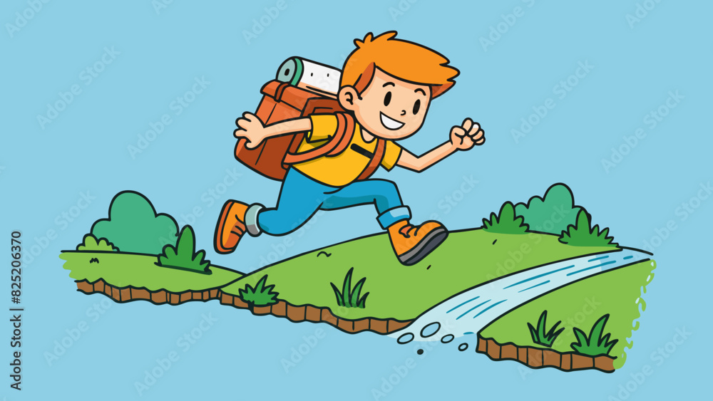 Poster a young boy carefully jumping across a small stream on a hike his backpack bouncing on his shoulders