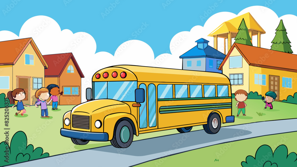Poster a yellow school bus making its rounds through a suburban neighborhood stopping to pick up and drop o