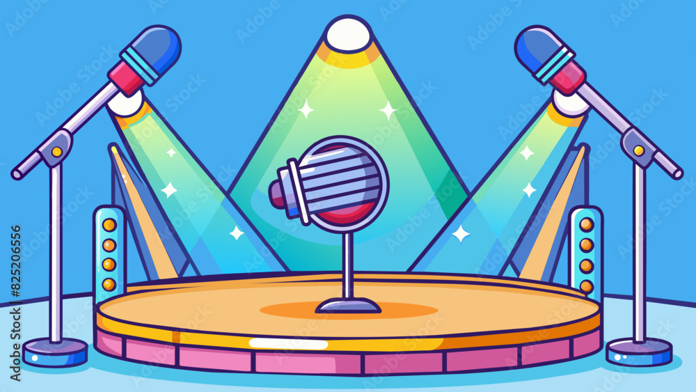 Poster bright colorful spotlights shone down on the stage from above highlighting a large metallic micropho