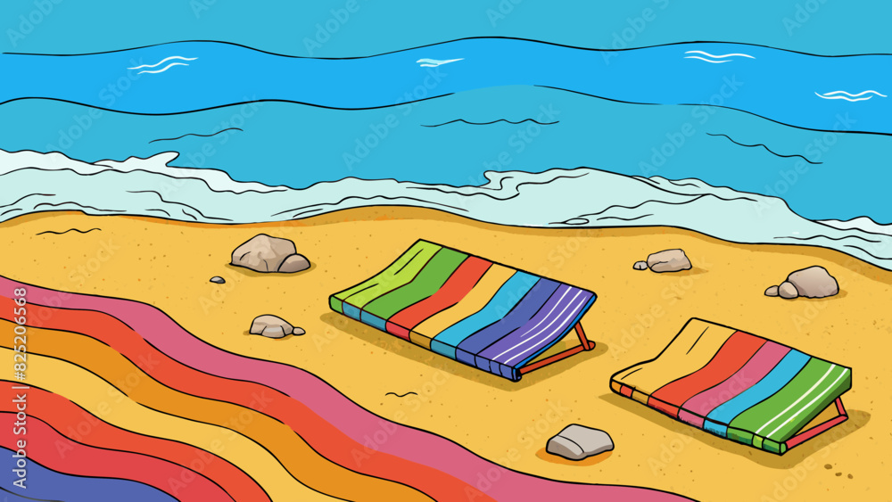 Poster Brightly colored beach towels adorned the shore eagerly awaiting their sun owners. The distant sound of waves crashing against the rocks could be. Cartoon Vector.