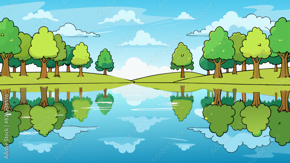 Poster Calm and reflective A still glassy surface that mirrors the surrounding trees and sky creating a serene atmosphere.. Cartoon Vector.
