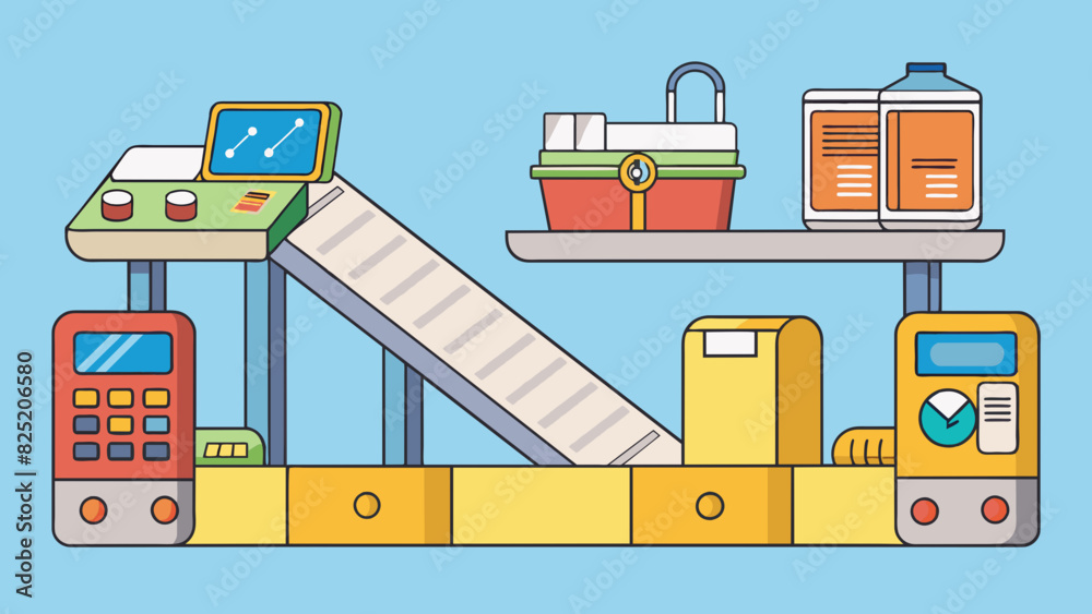 Poster Characteristics Different products on a conveyer belt barcode scanners a cash register display showing numbers.. Cartoon Vector.
