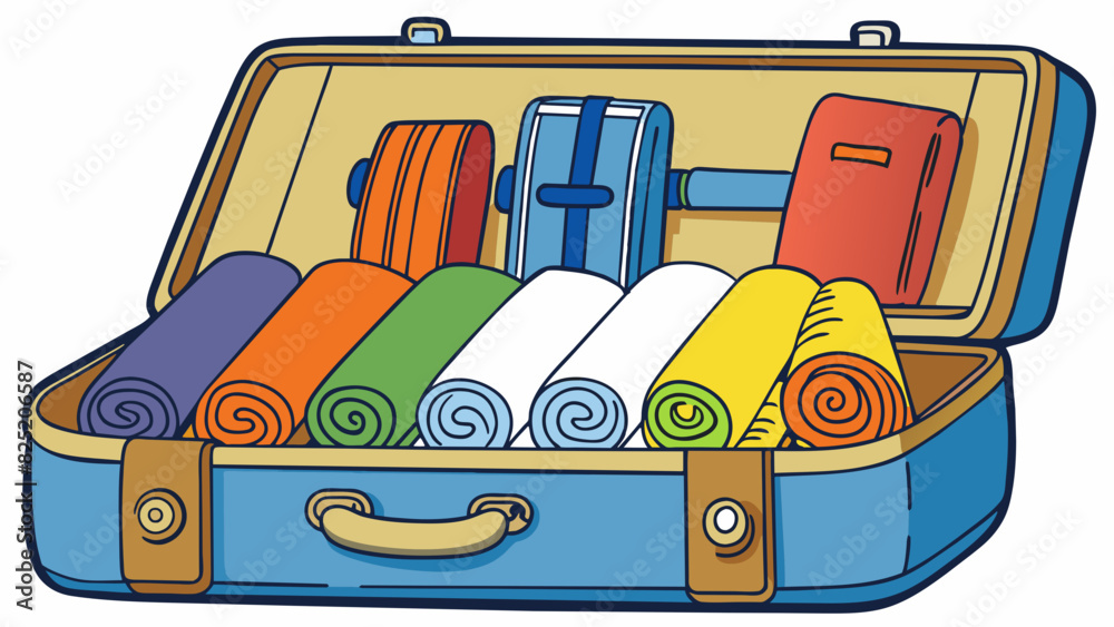 Poster Characteristics Folded and rolled up clothing items a suitcase with zippers and compartments various sizes and styles of clothing.. Cartoon Vector.