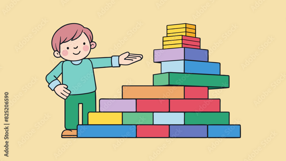 Poster Characteristics Small rectangular blocks stacked on top of each other different colors and sizes childs hands grasping them.. Cartoon Vector.