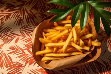 Tasty french fries on a palm leaf plate against a patterned gift wrap paper background