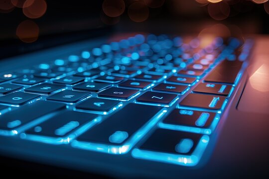 A close up of a keyboard with the letters and numbers illuminated in blue