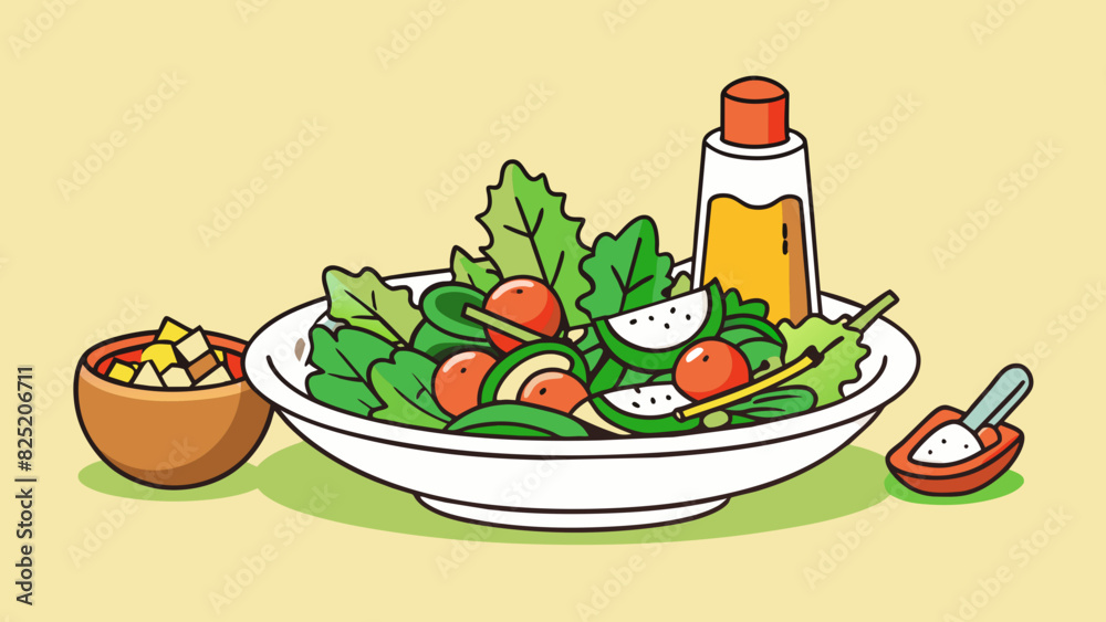 Poster Create a salad Using fresh greens chopped vegetables and homemade dressing toss together a colorful and healthy dish.. Cartoon Vector.