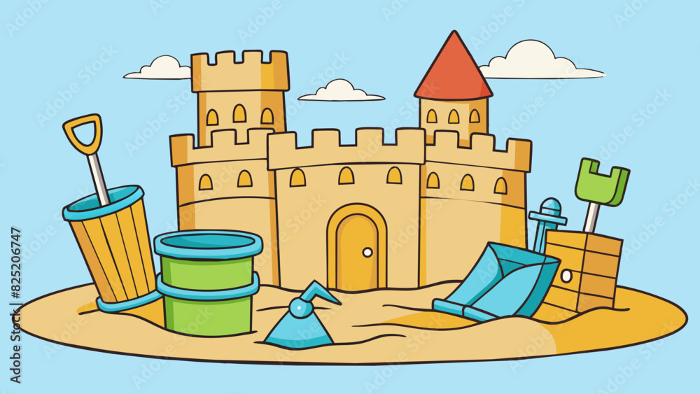 Poster Create a sandcastle Using buckets and shovels pile and sculpt wet sand into a fortress with towers and a moat.. Cartoon Vector.