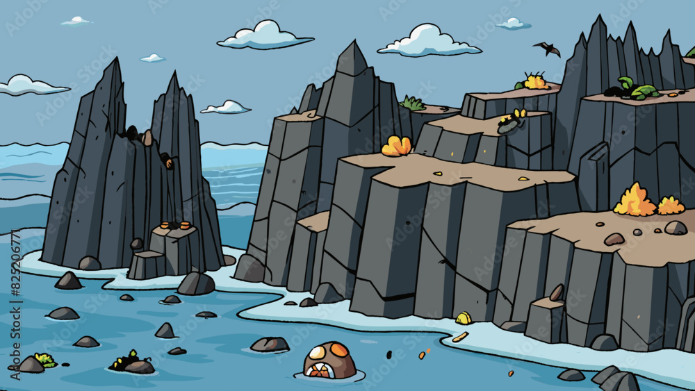 Poster dark jagged cliffs rise up from the turbulent sea their rocky faces weathered and worn from centurie