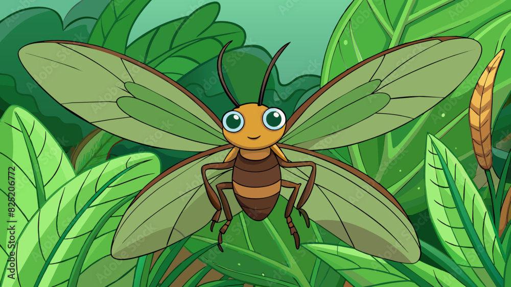 Poster Deep in the rainforest there is a species of insect that has evolved to blend seamlessly into its surroundings. Its body is a mix of greens and browns. Cartoon Vector.