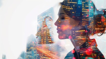 Double exposure photo collage with a business woman and skyscraper buildings with colorful graphic elements