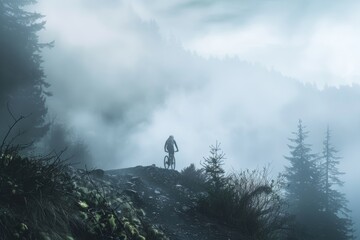 Mystical Adventure: Foggy Mountain Bike Ride Through Mysterious Forest