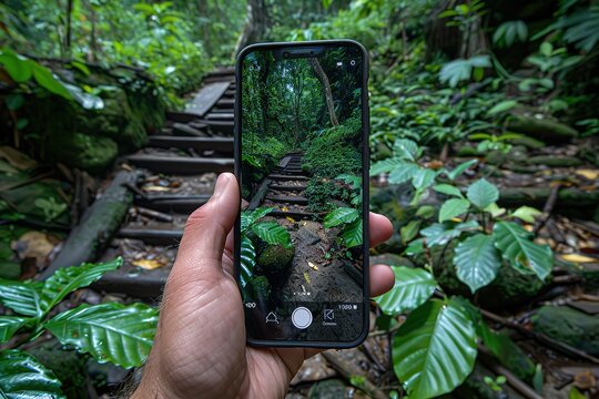 A person is holding a cell phone up to their eye, taking a picture of a forest