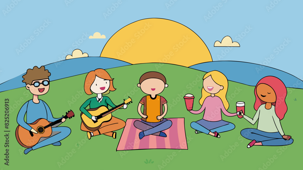 Poster enjoying a concert a group of friends sits on a grassy hill while watching a concert. they have colo