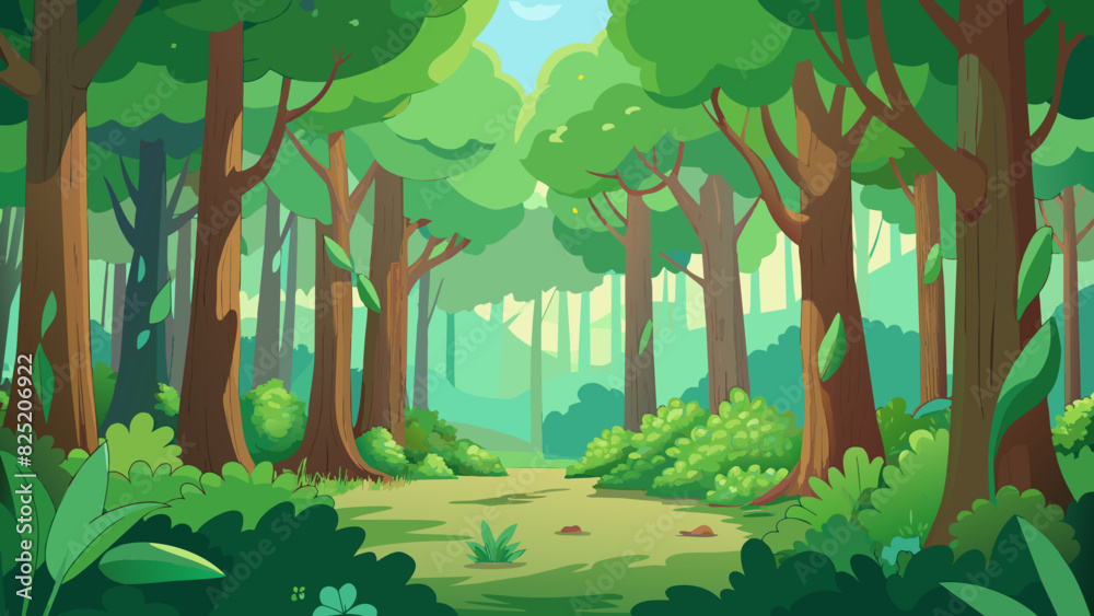 Aufkleber Enchanted Forest A dense canopy of emerald green trees their leaves rustling gently in the wind. Sunlight filters through the branches casting dappled. Cartoon Vector.