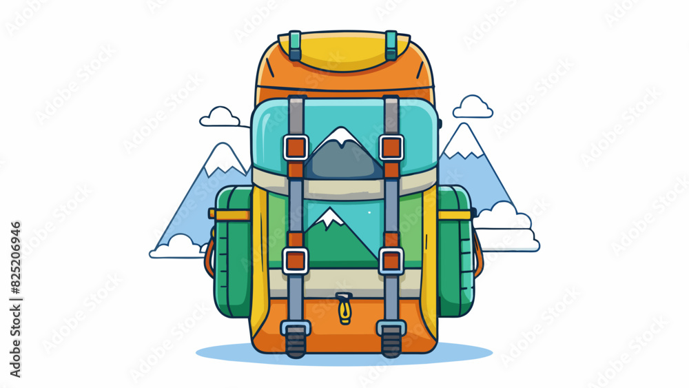 Poster For long hikes in the mountains a backpack with multiple compartments and comfortable ss is a musthave. Its durable waterproof material and extra. Cartoon Vector.