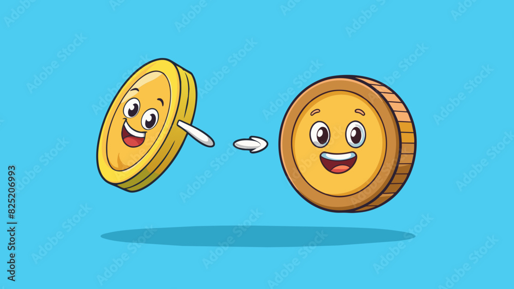 Poster Flipping a coin The object is a small circular piece of metal with distinct heads and tails sides. It has a shiny surface and is relatively light.. Cartoon Vector.