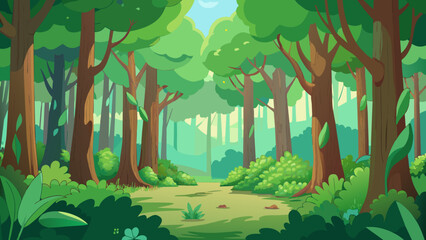 Enchanted Forest A dense canopy of emerald green trees their leaves rustling gently in the wind. Sunlight filters through the branches casting dappled. Cartoon Vector.