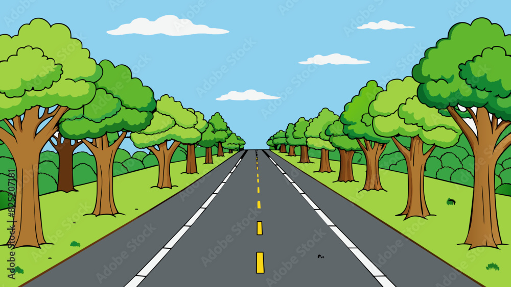 Poster Imagine a long stretch of road lined with tall trees on either side extending for a mile. The branches of the trees provide shade and the road is. Cartoon Vector.