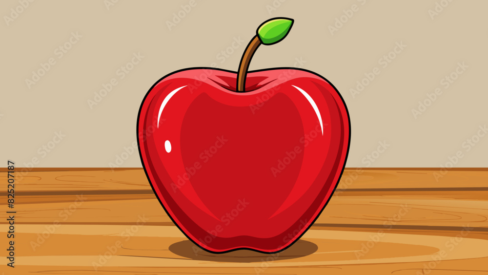 Poster illustration 4 a shiny red apple sitting on a wooden table. the apple has a smooth surface with a sl