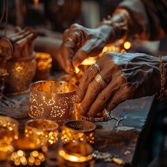 In an artisan's workshop, a close-up of hands crafting bespoke bracelets under warm lighting showcases intricate patterns in focus.
