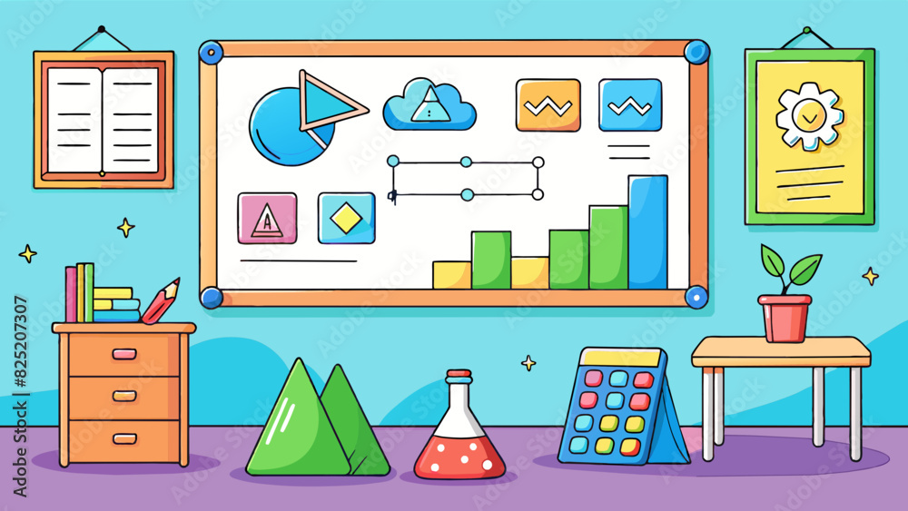 Poster In a classroom there is a whiteboard with colorful markers on a tray beside it. The board has math equations drawn on it and is surrounded by posters. Cartoon Vector.