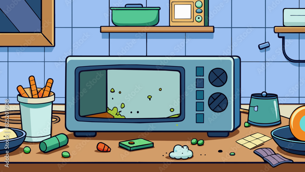 Poster In a cluttered kitchen a microwave with a faulty display sits on the counter its buttons worn and discolored from overuse.. Cartoon Vector.