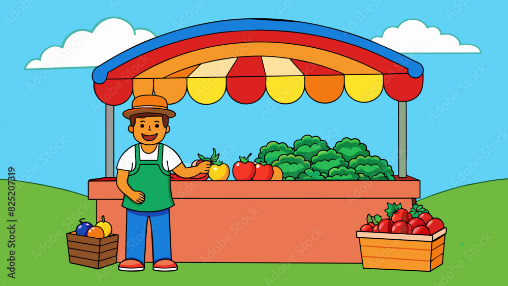 Poster In a field a vendor sets up a stall with a rainbow of fruits and vegetables on display. The produce is fresh and vibrant with leafy greens and juicy. Cartoon Vector.