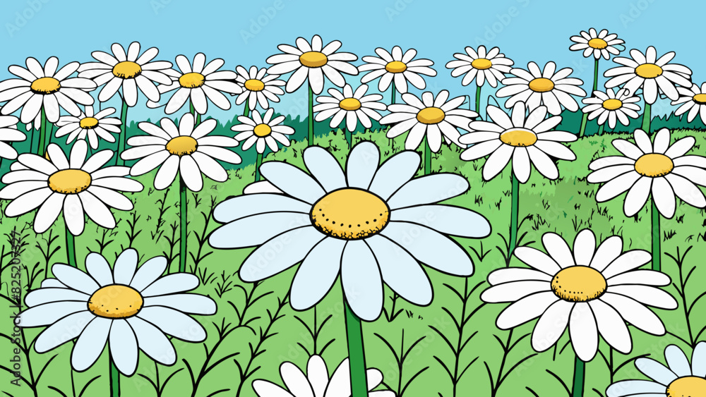 Poster in a field of daisies the majority of the flowers were white but there were a few patches of yellow 
